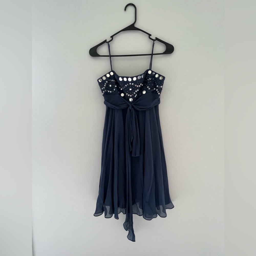 BCBG MaxAzria Navy Mini Spaghetti Strap Dress with Metallic Embellishment